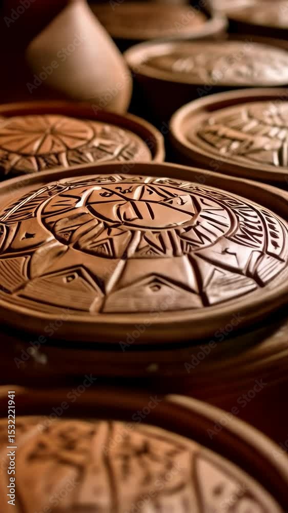 Handcrafted earthenware vessels with intricate geometric pattern carvings displayed together close-up, showcasing artisan pottery techniques Handcrafted earthenware vessels with intricate geometric pattern carvings displayed together close-up, showcasing artisan pottery techniques