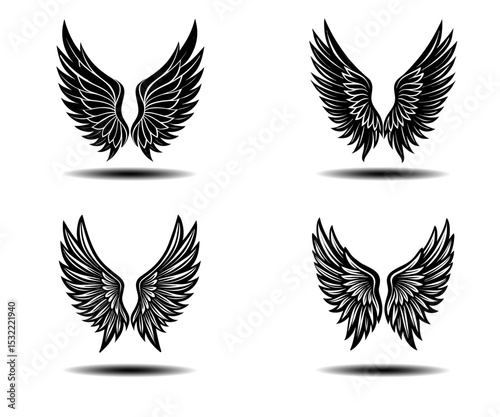 Angel Wings Vector Set in Black with Distressed Feather Design. Perfect for tattoo art, gothic illustrations, fantasy branding, spiritual prints, and memorial logos in scalable vector format.

