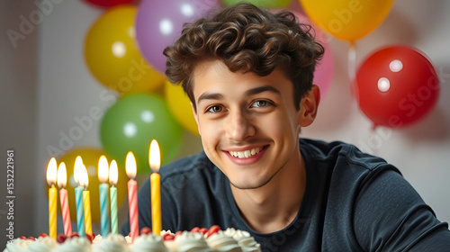 A young man with curly hair is smiling in front of a birthday cake with lit candles. The background features colorful balloons, creating a festive atmosphere.