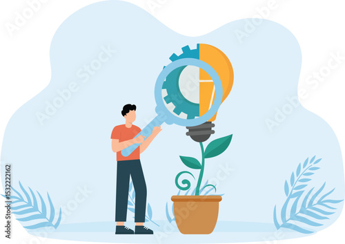 Creativity and analysis and Research of inventions and collaboration. Man with gear and light bulb, Work in process idea and implementation concept
