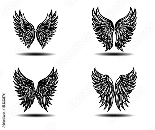 Dark Fantasy Angel Wings Vector Pack in Black. Distressed feather wings perfect for gothic tattoos, spiritual branding, memorial artwork, and fantasy illustrations. High-resolution vector files.

