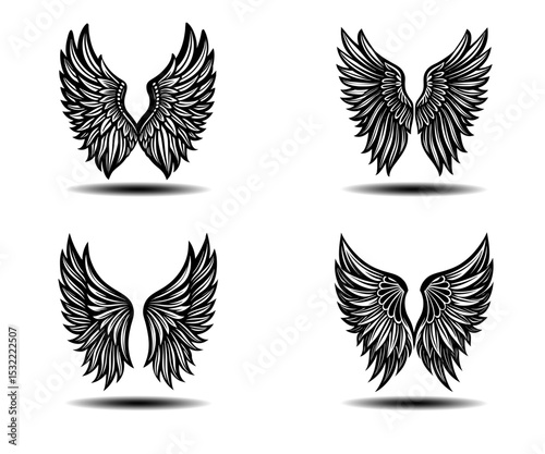 Gothic Angel Wings Vector Pack Featuring Distressed Black Feather Design. Ideal for tattoo art, fantasy themes, spiritual logos, and memorial artwork. High-quality vector icons.

