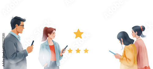 Customer Feedback and Reviews – People Giving Five-Star Ratings with Positive and Negative Feedback Vector Illustration