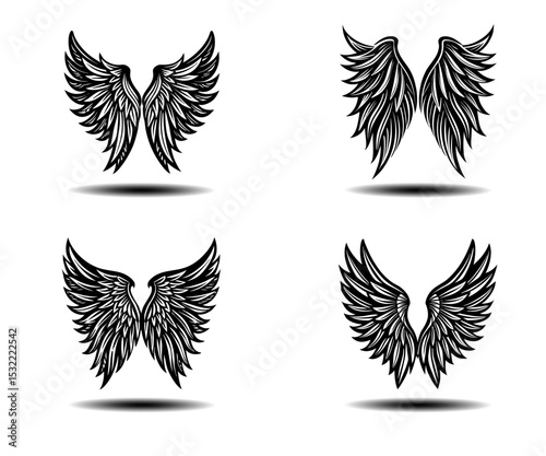 Dark Angel Wings Vector Set in Black. Distressed feather wing illustrations for gothic tattoos, fantasy branding, spiritual prints, and memorial designs in scalable vector format.

