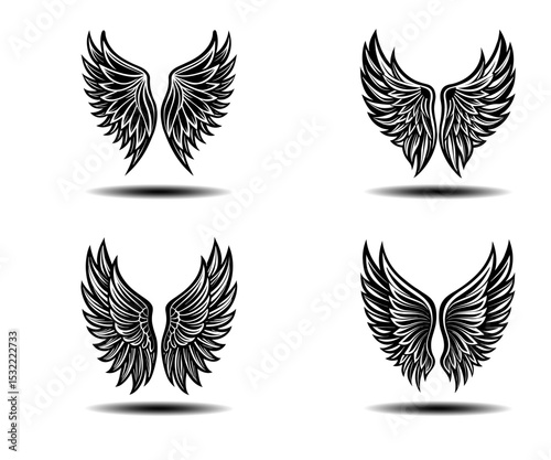 Distressed Angel Wings Vector Pack in Black. Feather wing silhouettes for tattoo design, gothic decor, fantasy art, and spiritual branding. Clean and scalable vector illustrations included.

