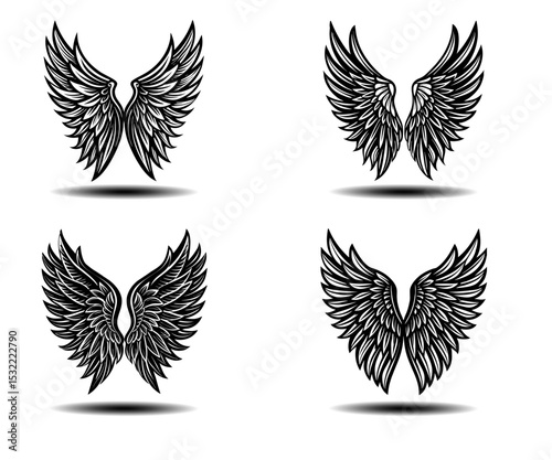 Symmetrical Angel Wings Vector Pack in Black. Distressed feather wing icons perfect for gothic tattoos, fantasy branding, spiritual symbolism, and memorial artwork in scalable vector format.

