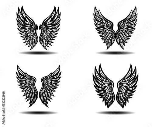 Detailed Distressed Angel Wings Vector Set in Black. Perfect for gothic tattoos, fantasy artwork, memorial prints, and spiritual logos. Clean symmetrical vector illustrations in high resolution.

