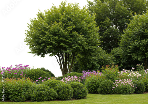 Fototapeta Naklejka Na Ścianę i Meble -  Isolated Lush Garden Landscape with Green Trees and Flowering Bushes