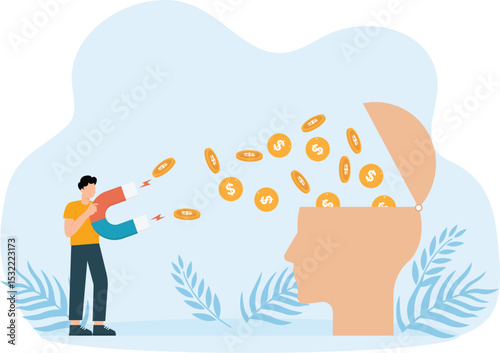 A magnet attracts money from a human head. money making financial concept
