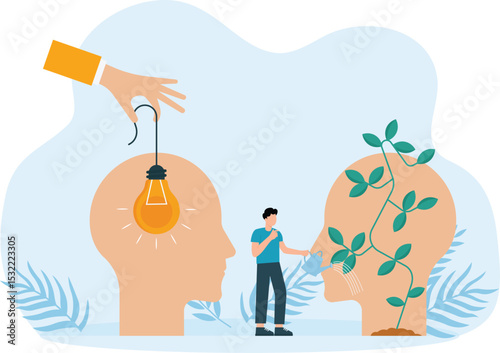 Inspire and motivate and Creative inspirational idea, light bulb and watering plant as symbol of creative process, Man brainstorming for business success concept,
