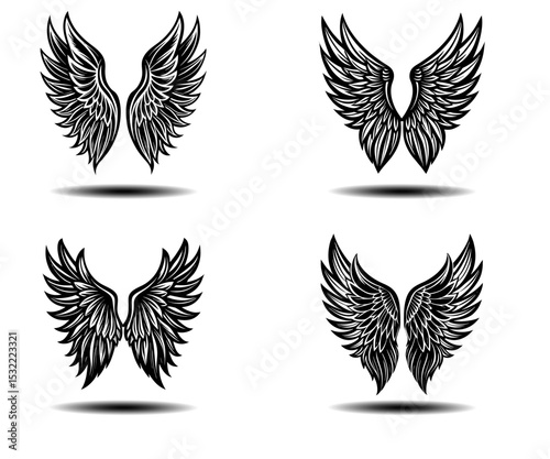Vintage Gothic Angel Wings Vector Pack. Distressed black feather illustrations perfect for memorial prints, fantasy artwork, tattoo design, and spiritual logo projects in vector format.

