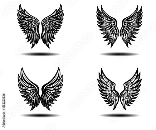 Detailed Distressed Angel Wings Vector Set. Elegant black feather icons perfect for fantasy illustrations, memorial design, gothic art, and tattoo branding elements in clean vector outline style.

