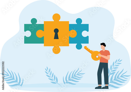 Discovery of unrealized talent and abilities and skills. Professional advantages and Employee knowledge, Personal characteristics and  Puzzle pieces and key opens lock concept
