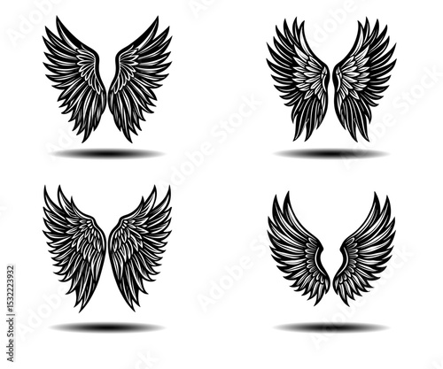 Hand-Drawn Angel Wings Vector Set in Black. Features distressed feather wings for fantasy, tattoo design, and spiritual-themed artwork. Stylish outline vector illustrations in EPS format.

