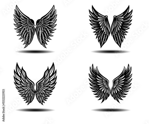 Distressed Feather Angel Wings Vector Art. Black wing elements in elegant symmetrical design for gothic tattoos, fantasy scenes, and spiritual symbolism. Creative icon set for branding use.

