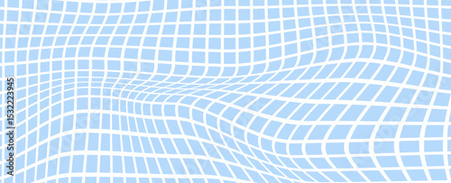 Distorted grid pattern with white wavy lines on light blue background. Abstract warped mesh texture. Optical illusion effect. Geometric background.