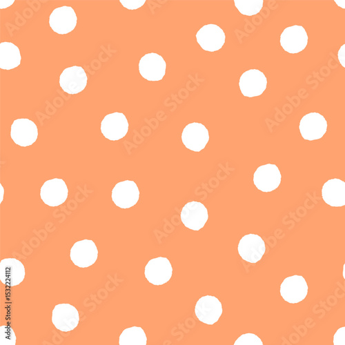 Seamless polka dot pattern with white uneven circles on pastel orange background. Minimal abstract texture.