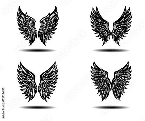 Bold Distressed Angel Wings Vector Set – Black Feathered Wing Designs in Grunge Style for Tattoos, Gothic Aesthetic Logos, and Fantasy Posters. Editable Vector Format for Adobe Stock Upload.

