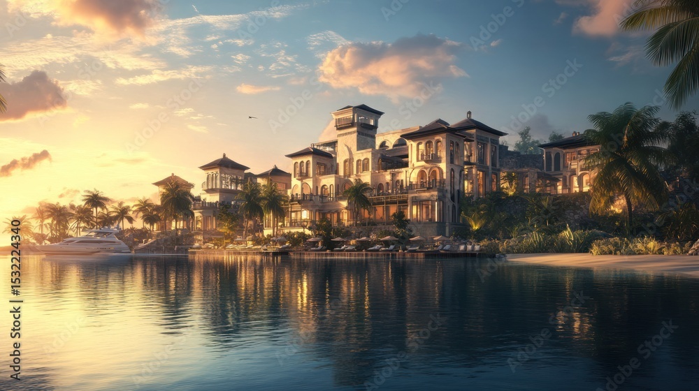 Naklejka premium Luxury Waterfront Estate at Sunset