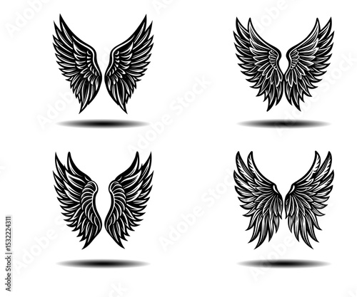 Dark Feathered Angel Wings Vector Icons – Distressed Grunge Style Black Wings for Tattoo Art, Gothic Fashion Logos, and Spiritual Poster Themes. Editable Vector File for Adobe Stock.

