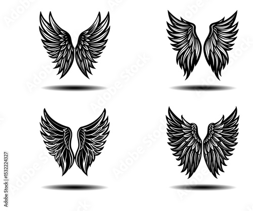 Distressed Angel Wings Vector Template – Grunge Feather Wing Illustrations in Bold Black for Tattoo Projects, Gothic Themes, or Spiritual Art. Editable EPS File Ready for Adobe Stock Upload.

