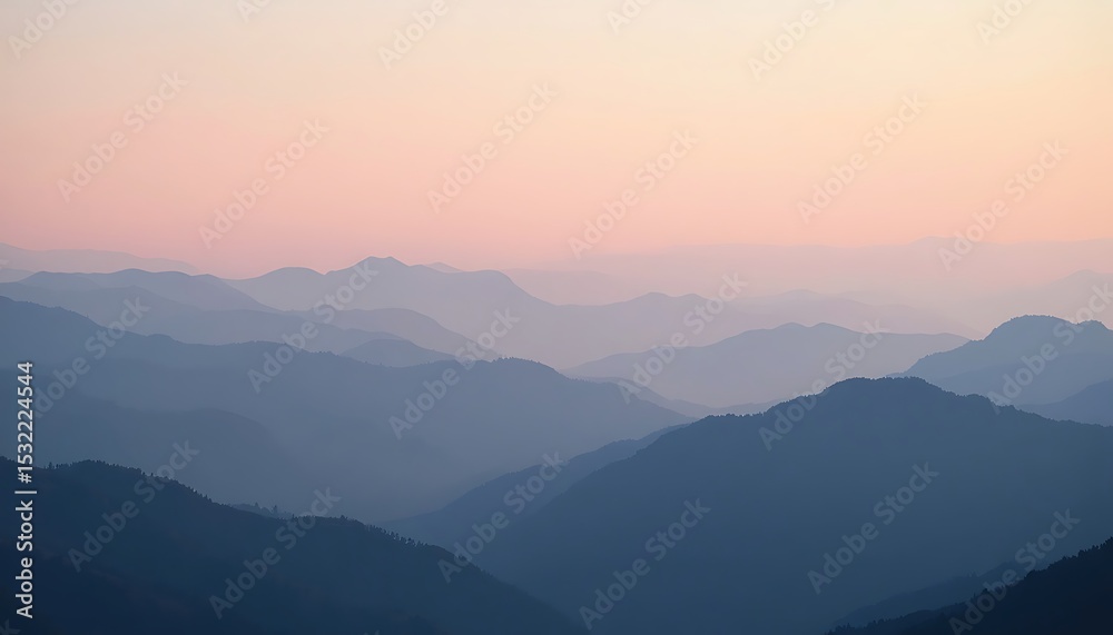 Obraz premium Layered mountain range silhouette during a pink and orange sunset.