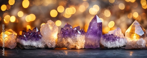 Amethyst and Quartz Crystals with Glowing Candlelight photo