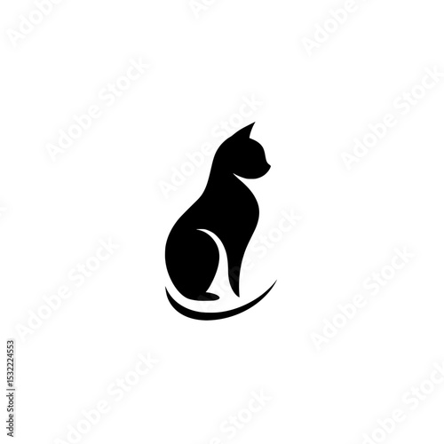 Silhouette of Sitting Fluffy Cat Looking Up, Black and white silhouette of a fluffy cat sitting and gazing upward, perfect for pet, animal, or design themes.

