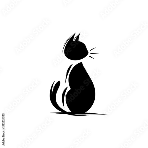 Silhouette of Sitting Fluffy Cat Looking Up, Black and white silhouette of a fluffy cat sitting and gazing upward, perfect for pet, animal, or design themes.

