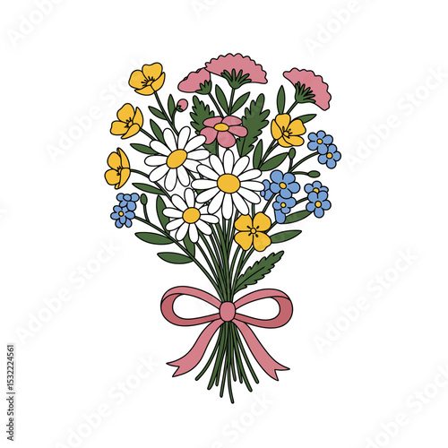 Doodle flat clipart. Cute bouquet of wild flowers tied with a ribbon. All colors are easy to change.