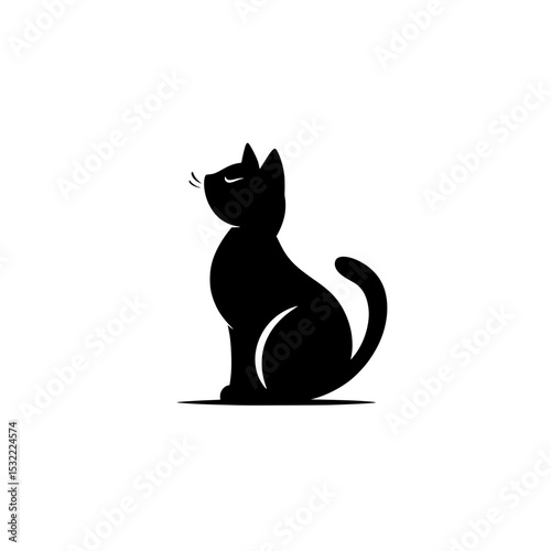 Silhouette of Sitting Fluffy Cat Looking Up, Black and white silhouette of a fluffy cat sitting and gazing upward, perfect for pet, animal, or design themes.

