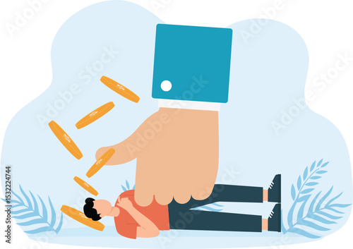 Debt collection and Racketeering and huge hand knocking money out of man, Businessman owes money to bank or business partner, non-payment of taxes and loan arrears concept
