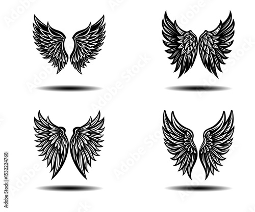 Dark Angel Wings Vector Illustration Set – Grunge Distressed Black Feathered Wings for Tattoo Projects, Gothic Logos, or Fantasy Poster Art. Clean Vector Design for Adobe Stock Usage.

