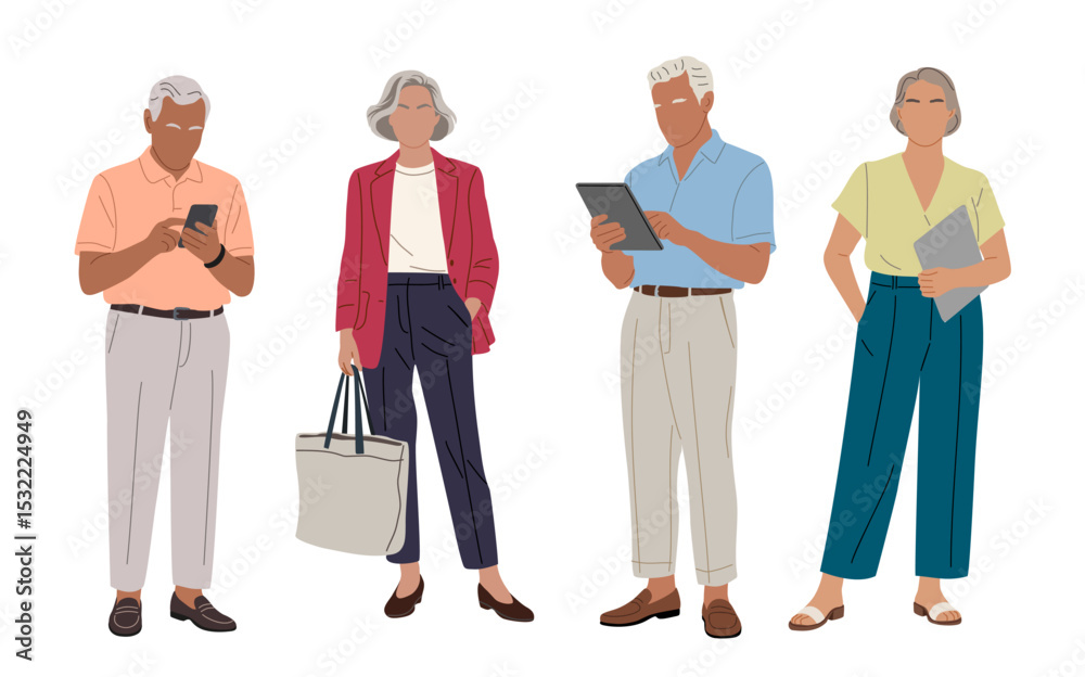 Set of different senior business people standing in smart casual summer outfits. Aged men, women with smartphone, tablet, bag. Vector realistic illustrations isolated on transparent background