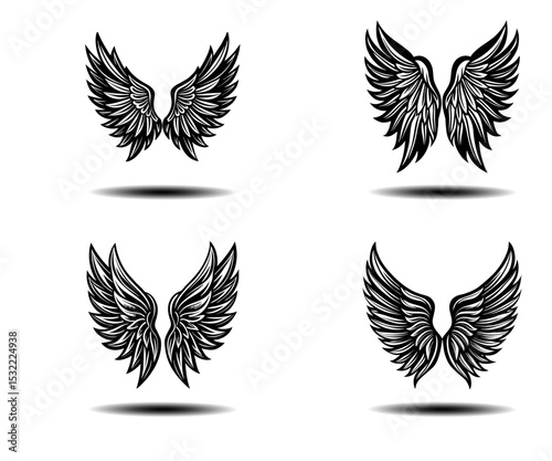 Black Angel Wings Vector Icon Set – Grunge Feather Wing Graphics with Distressed Aesthetic for Tattoos, Gothic Fashion Art, and Spiritual Logos. Editable Vector Design for Adobe Stock Upload.

