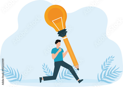 Developing ideas using imagination. Creative approach and pencil with light bulb, talent man brainstorming, successful creativity process and innovation in business concept
