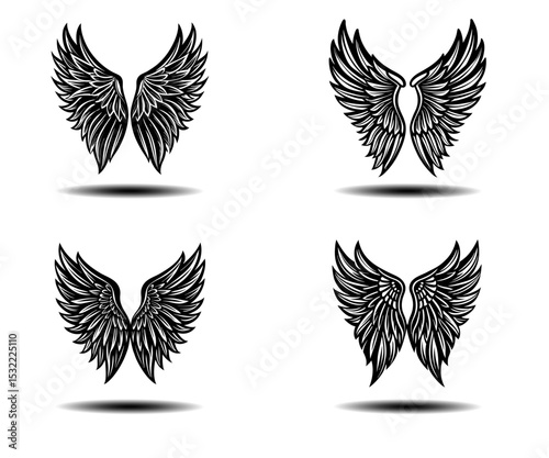 Elegant Black Angel Wings Vector Set – Feathered Grunge Wing Icons for Tattoo Designs, Gothic Branding, and Fantasy-Themed Poster Art. Clean Vector Illustration for Adobe Stock Submission.

