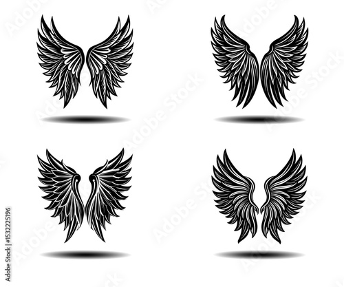 Dark Spirit Angel Wings Vector Set – Grunge Distressed Feather Icons in Black for Tattoo Concepts, Gothic Posters, or Mystical Fantasy Themes. High Quality Vector Art for Adobe Stock Use.

