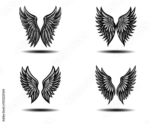 Gothic Angel Wings Vector Template – Black Feathered Wings with Grunge Texture for Tattoo Designs, Fantasy-Themed Posters, or Spiritual Branding. Editable Vector Format for Adobe Stock.

