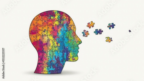Colorful puzzle head with missing pieces representing mental health and problem solving