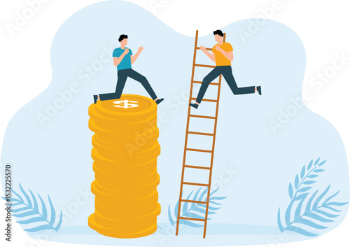 Financial protection and savings, Man pushes people down stairs, character protects gold coins and bank deposit insurance and money and property control and reliable investment concept

