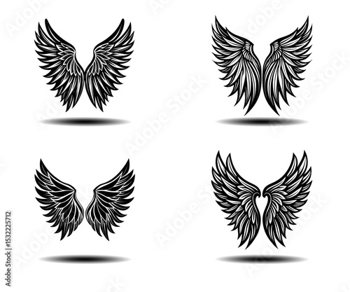 Angel Wings Vector Design – Grunge Inspired Feather Wing Collection in Black for Tattoo Illustrations, Gothic Branding, and Mystical Posters. Clean Editable Vector Format for Adobe Stock Use.

