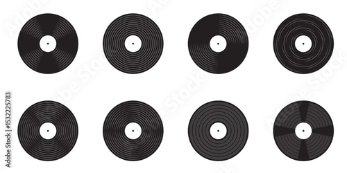 Collection of vinyl record icons Turntable LP music discs for old school disco party Vintage DJ tools for nostalgic events Vector isolated illustration