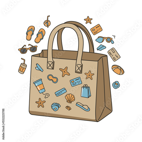 A handy bag for going to the beach or shopping. Doodle flat clipart. All objects are repainted.
