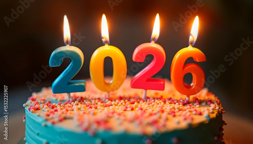 Number 2026 candles on festive cake. New Year celebration and holiday party concept.