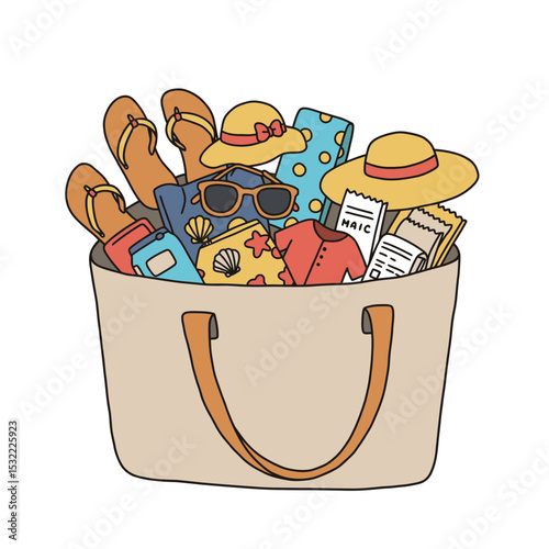 A handy bag for going to the beach or shopping. Doodle flat clipart. All objects are repainted.