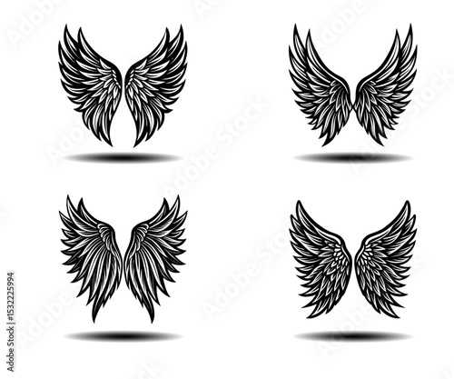 Distressed Gothic Angel Wings Vector Icons – Black Feather Wing Design Set for Tattoo Concepts, Fantasy Art Posters, or Spiritual Projects. Editable Grunge Vector Illustration for Adobe Stock.

