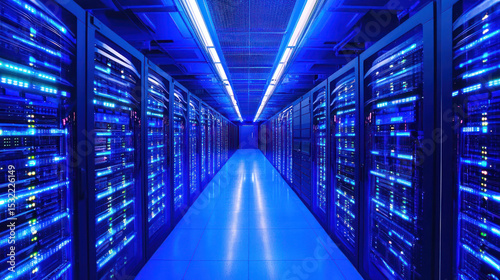 A long, narrow hallway with blue lights and server racks on both sides.