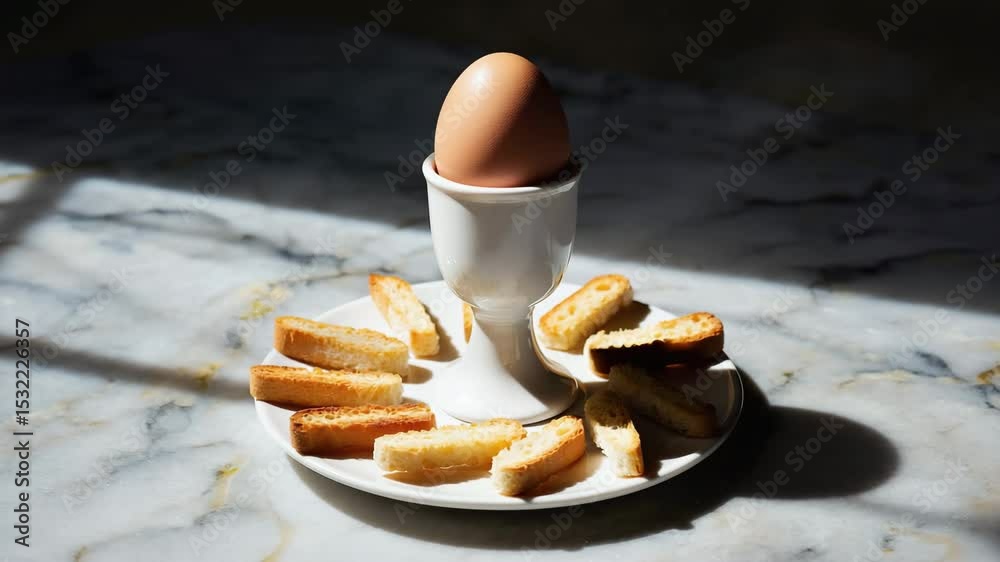Soft-boiled eggs with toast soldiers on a marble table  