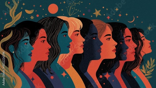 Seven diverse women in profile against a night sky background